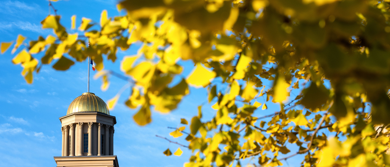 Old Capitol dome view with yellow fall foliage 