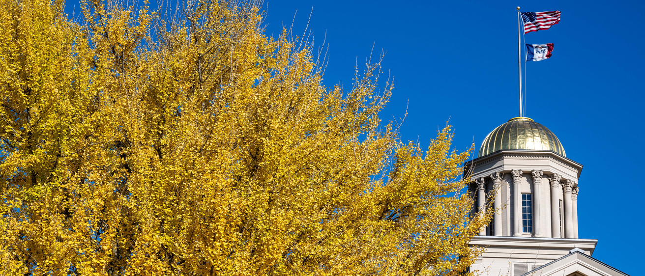 Golden hues of autumn by the Old Capitol dome on the University of Iowa campus